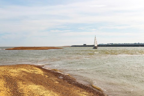 Sailing boat yacht at mouth of River Deben estuary, Bawdsey Quay, Suffolk, England, UK