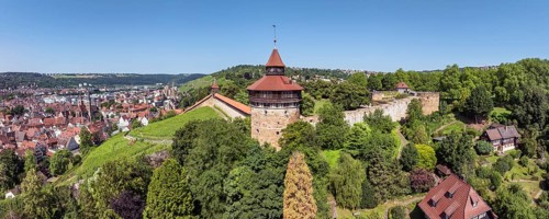 Aerial view, panorama of the city of Esslingen am Neckar with Esslingen Castle, Dicker Turm,