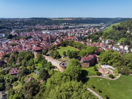 Aerial view of the city of Esslingen am Neckar with Esslingen Castle, district of Esslingen,