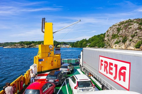 Cars and lorries on a car ferry operating as a floating road, near Lysekil, Bohuslän, Västra