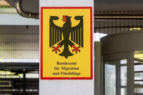 Federal Office for Migration and Refugees (BAMF) . Sign with federal eagle. Competent authority for