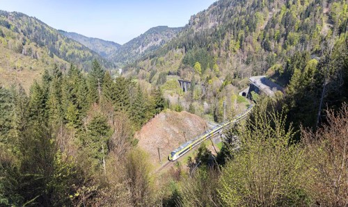 View of the famous, narrow, so-called Höllenbach valley with the B31 main road and railway line,