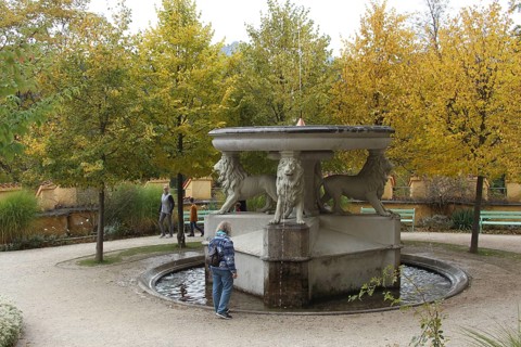 Lion fountain in the inner courtyard of Hohenschwangau Castle near Füssen, Allgäu, Bavaria,