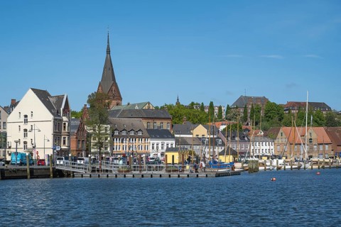 City view with St. Marien church, harbour, Flensburg, Flensburg Fjord, Baltic Sea,