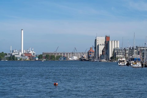 Shipyard office and commercial harbour, Flensburg, Flensburg Fjord, Baltic Sea, Schleswig-Holstein,