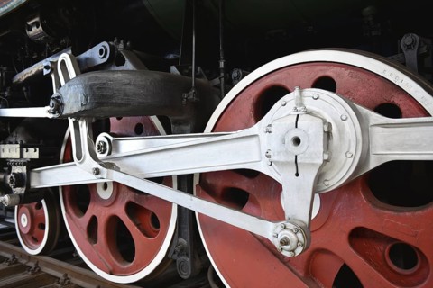 Driving wheels of the express train, steam locomotive P36 123 in the Prora Museum,