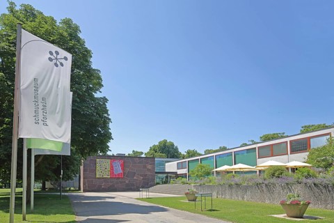 Flags with inscription Jewellery Museum, Reuchlinhaus, Pforzheim, Northern Black Forest, Black