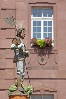 Sculpture of St George with lance, St George's Fountain, dragon slayer, detail, market fountain,