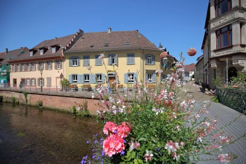 Half-timbered houses on the Alb, pedestrian bridge and flower decoration, Ettlingen, Black Forest,
