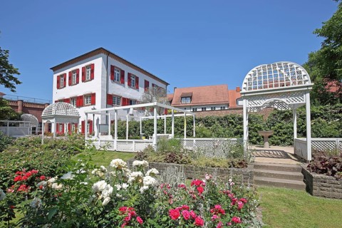 Rose garden and historic Klösterle house, garden with roses, flowers, pergola and arbour,