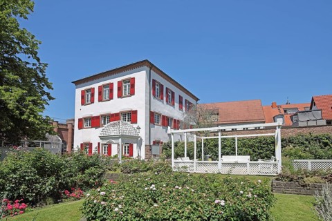Rose garden and historic Klösterle house, park with flowers, Ettlingen, Black Forest, Northern