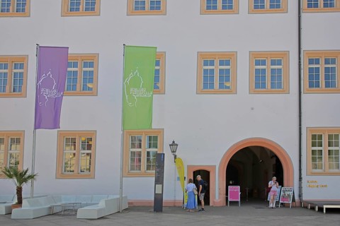 Entrance with flags and inscription Schlossfestspiele zum barocken Schloss, Museum, Festspiele,