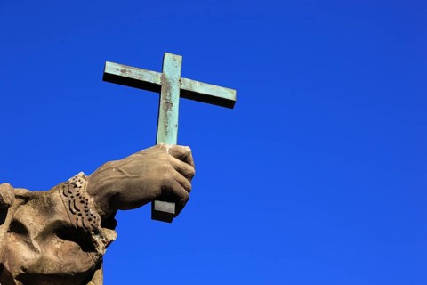 Detail of hand with cross, St John of Nepomuk on the Old Main Bridge, Würzburg, Lower Franconia,