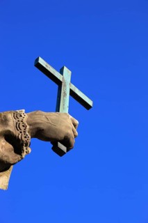 Detail of hand with cross, St John of Nepomuk on the Old Main Bridge, Würzburg, Lower Franconia,