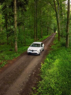 Car on a green forest path, surrounded by dense forest, Deer E- CarSharing, Renault Megane electric