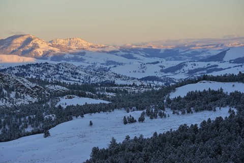 View of wide, gentle valleys... Yellowstone National Park (North America) in winter, view into the