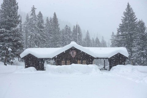 Yellowstone National Park, North America in winter, heavy snowfall at the north-east entrance to