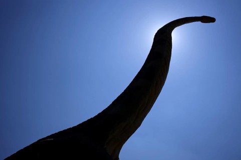 Replica, model of a Brachiosaurus, backlight, silhouette, in front of Urwelt-Museum Hauff, Museum,