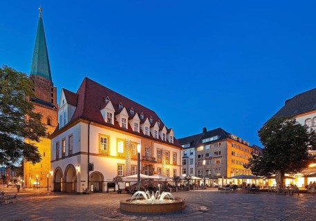 Old Market with Old Town Nicolai Church and TAM Theatre in the evening, Bielefeld, East
