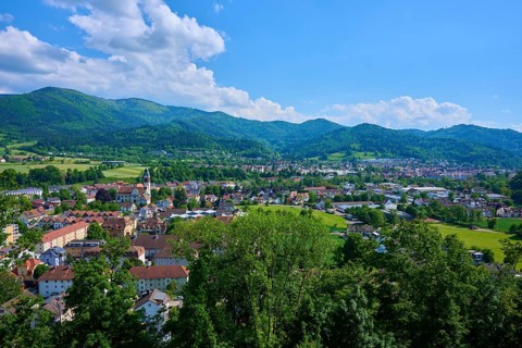 View of a district town surrounded by green hills under a cloudy blue sky, Waldkirch, Breisgau,