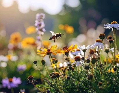 Bee-friendly garden design, colorful variety of blooming flowers in the summer, AI generated