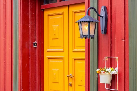 Norway, scenic Trondheim town. Bakklandet, a famous tourist travel destination with colorful houses