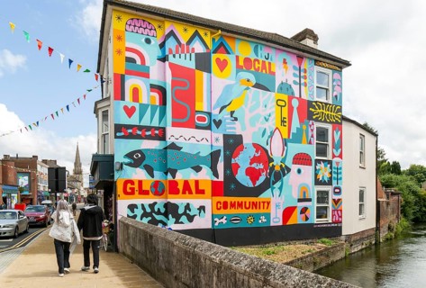 Colourful mural on wall of building by Salisbury Civic Society 2023, Fisherton Street, Salisbury,