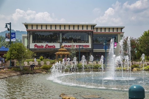 Water fountain in front of Paula Deen's Family Kitchen restaurant at The Island recreation area in