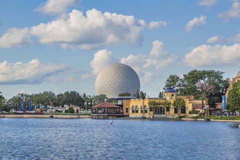 Spaceship Earth geodesic sphere behind the World Showcase Lagoon in Epcot at Walt Disney World in