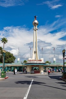 Replica of the Crossroads of the World tower and spinning globe at the entrance to Disney Hollywood