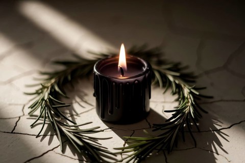 Short black candle burning on cracked stone with rosemary. A symbol of witchcraft, ritual, and