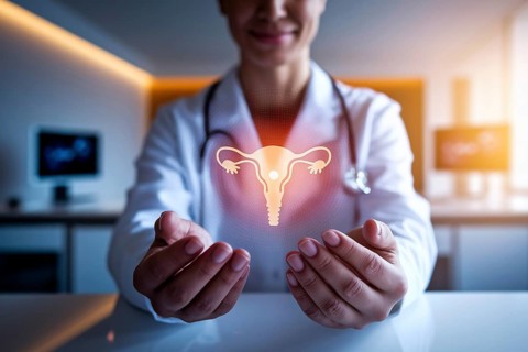 Doctor holding glowing virtual uterus hologram in modern medical gynecological practice or clinic.