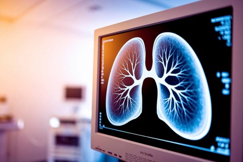 Close-up of computer monitor displaying lung scan in hospital or doctor's practice room. Generative