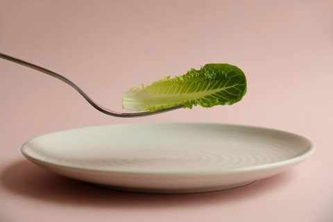 Minimalist close-up of fork holding lettuce leaf above white plate on pink background. Concept of