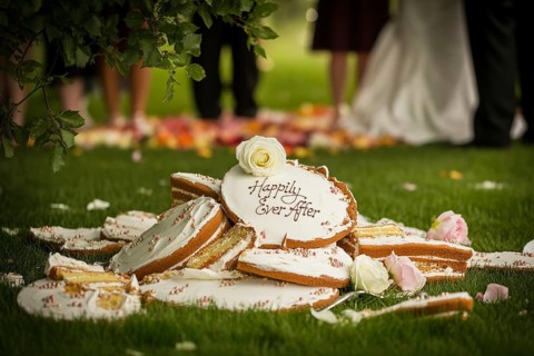 Shattered wedding cake with text 'Happily Ever After on green lawn symbolizes ruined marriage and