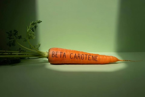 Orange carrot with beta carotene inscribed on its surface. Studio image highlighting nutrient