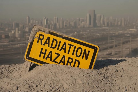 Radiation warning sign with text Radiation Hazard in scorched earth. with destroyed city. Symbol