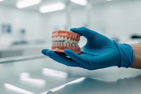 Gloved dental hand holding realistic teeth model. Clean clinical image representing precision,