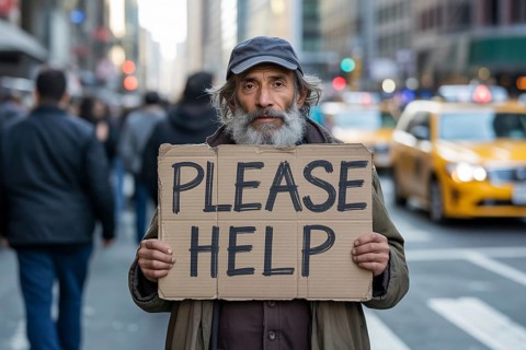 Elderly homeless man holding Please help sign on busy city street. Emotional image highlighting