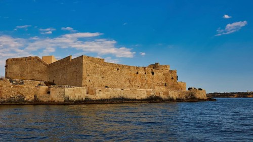 Castello Maniace, Maniace sea fortress, massive stone fortress on the water, characterised by