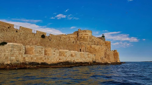 Castello Maniace, Maniace sea fortress, stone fortress on the Mediterranean with historic