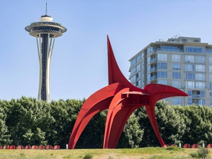 Olympic Sculpture Park with Space Needle in the background, Seattle, Washington, USA, North America