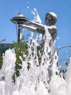 Father and Sun fountain by Louise Bourgeois with Space Needle in the background, Seattle,