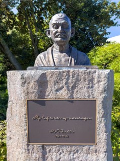Bronze figure of Mahatma Gandhi in the park of the Seattle Space Needle, Seattle, Washington, USA,