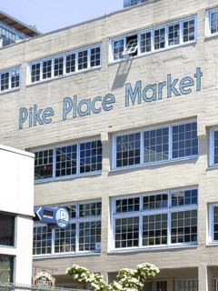 House wall with painted blue letters at Pike Place Market, Seattle, Washington, USA, North America
