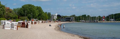 Beach chairs on the sandy beach, Baltic Sea Info Centre, Kurstrand, Eckernförde, Baltic Sea,