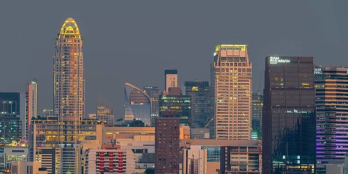 Panorama from Golden Mount, on the left the Centara Grand skyscraper, skyline of Bangkok, Thailand