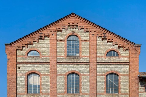 Gable of an old petrol factory, distillery, Germersheim, Palatinate, Rhineland-Palatinate, Germany