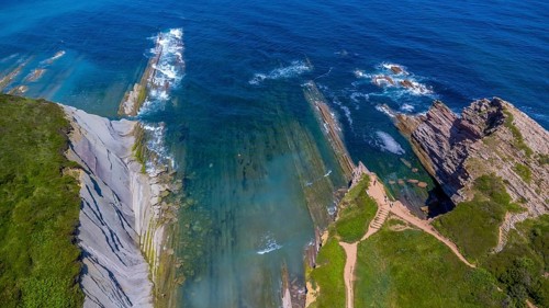 Breathtaking aerial view of the unique flysch rock formations along the coast of zumaia in the