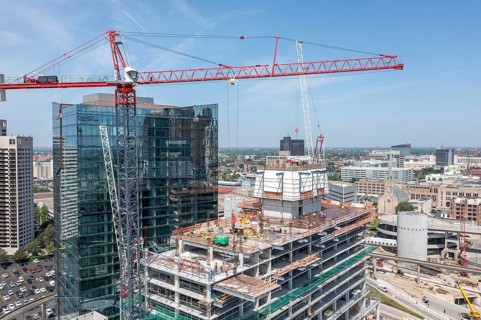 Detroit, Michigan - Construction of the 25-story JW Marriott Detroit Water Square hotel. The